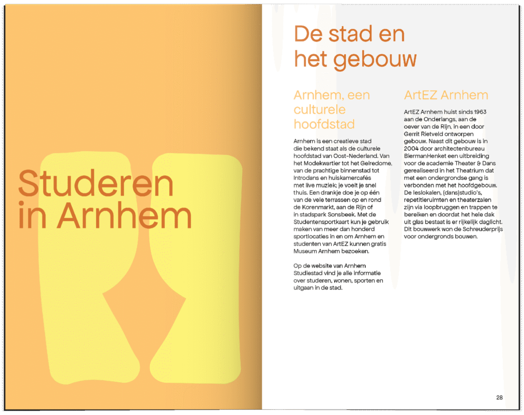 Spread uit studiegids voor Theater & Dans, hoofdstukopening Studeren in Arnhem