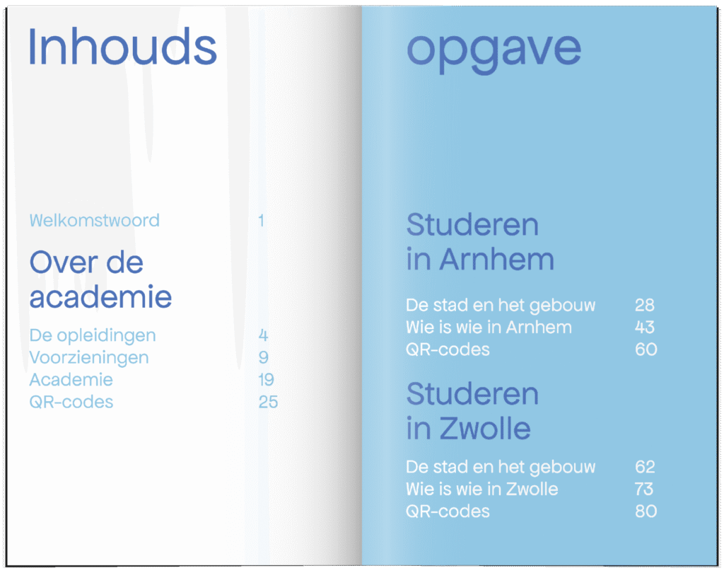 Spread uit studiegids voor Theater & Dans, inhoudsopgave