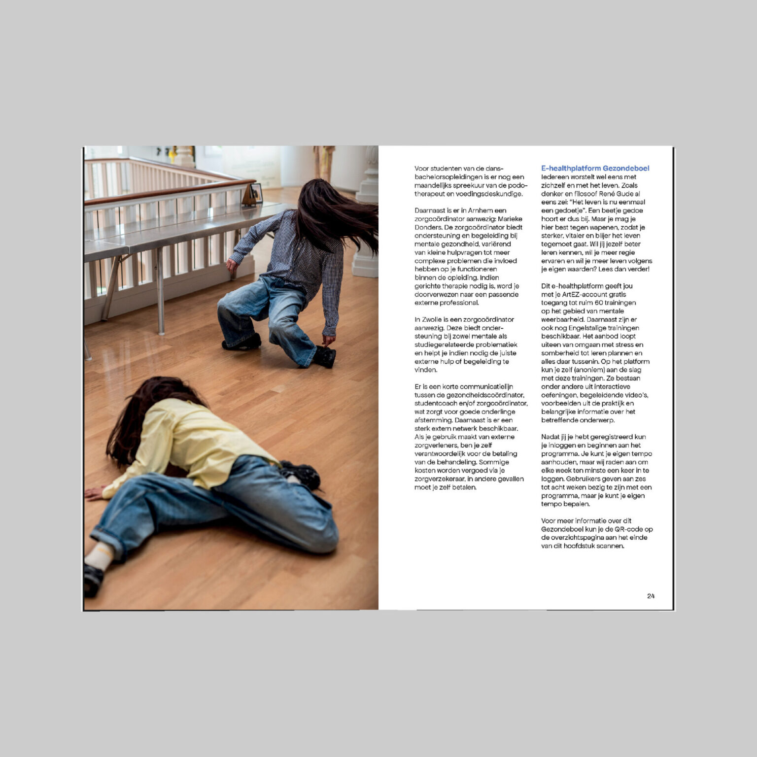 Spread uit studiegids voor Theater & Dans, foto links, tekst rechts